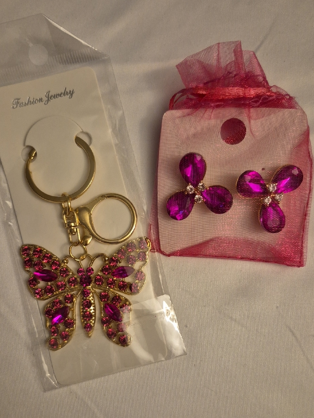 Fuscia Goldtone Butterfly Keychain &  Stud Earrings Set